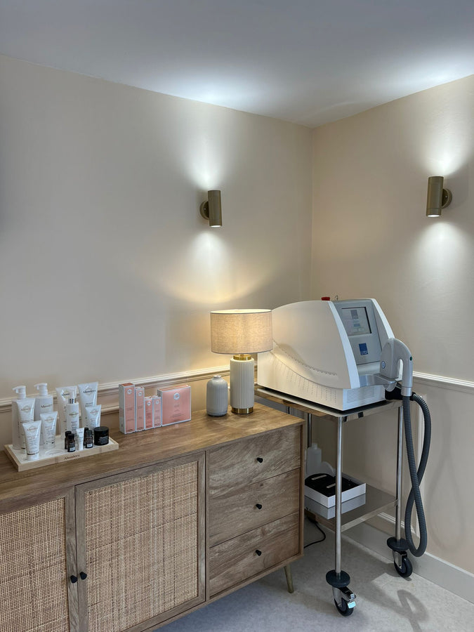 Beauty salon treatment room with skincare equipment and products.